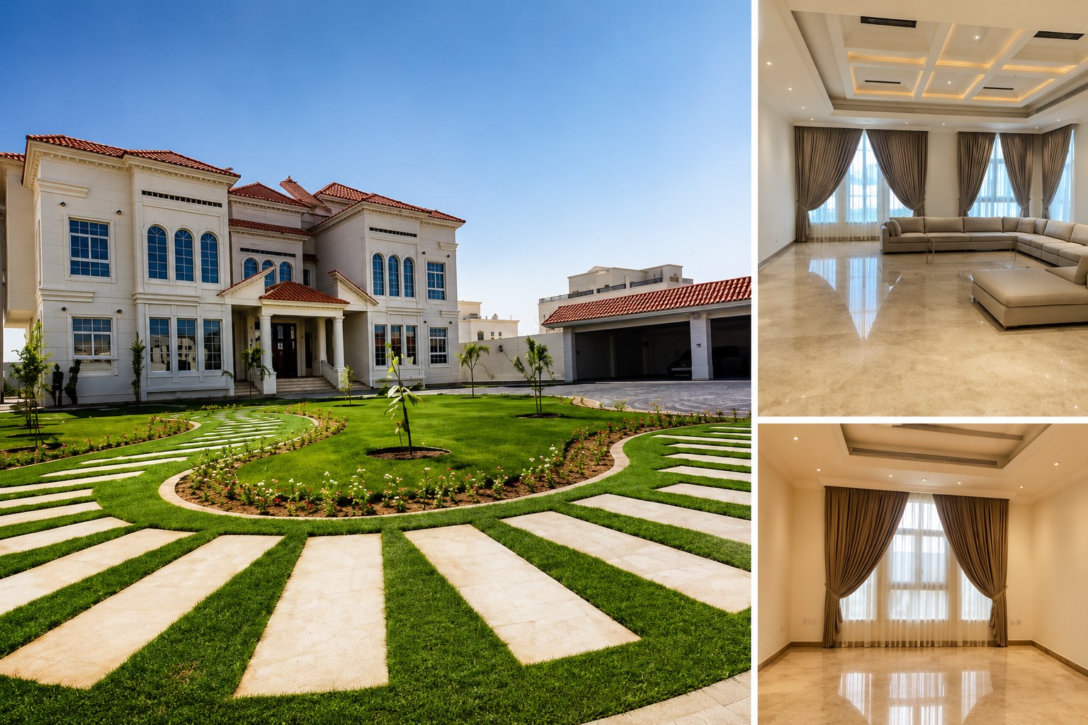 Custom estate construction with landscaped grounds
