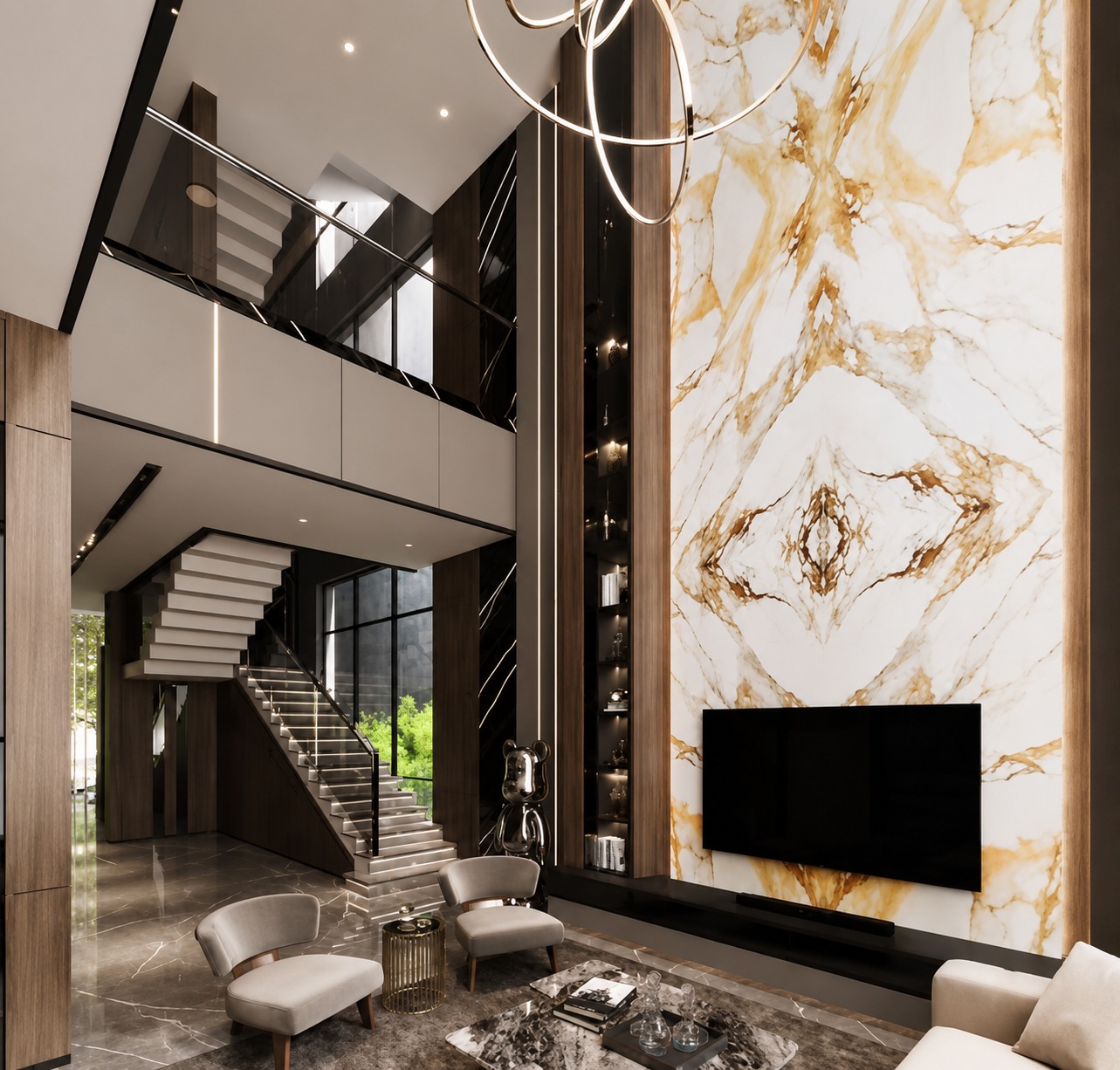 Luxury living room with open staircase and marble feature wall