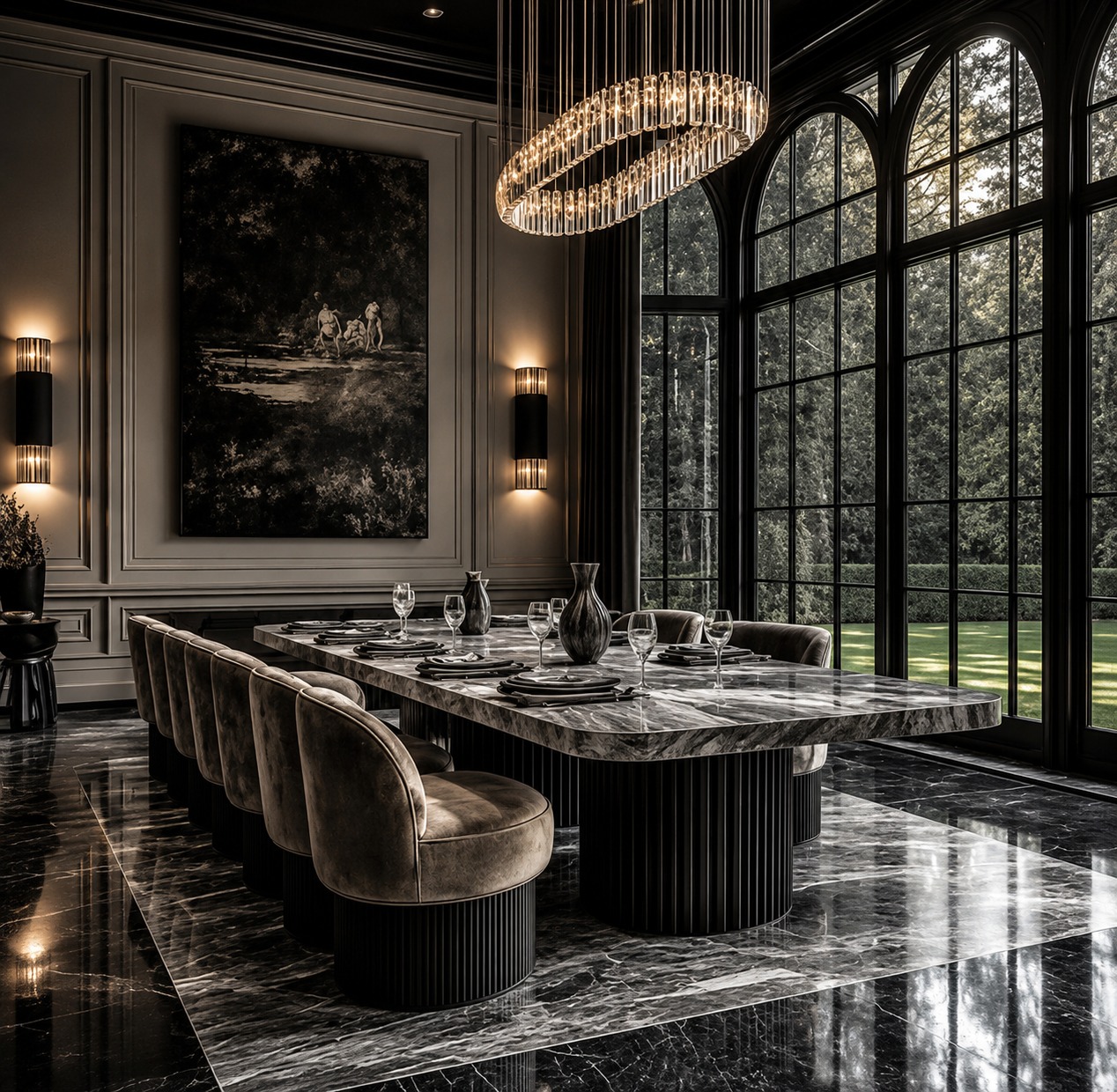Formal dining room with marble table and statement chandelier