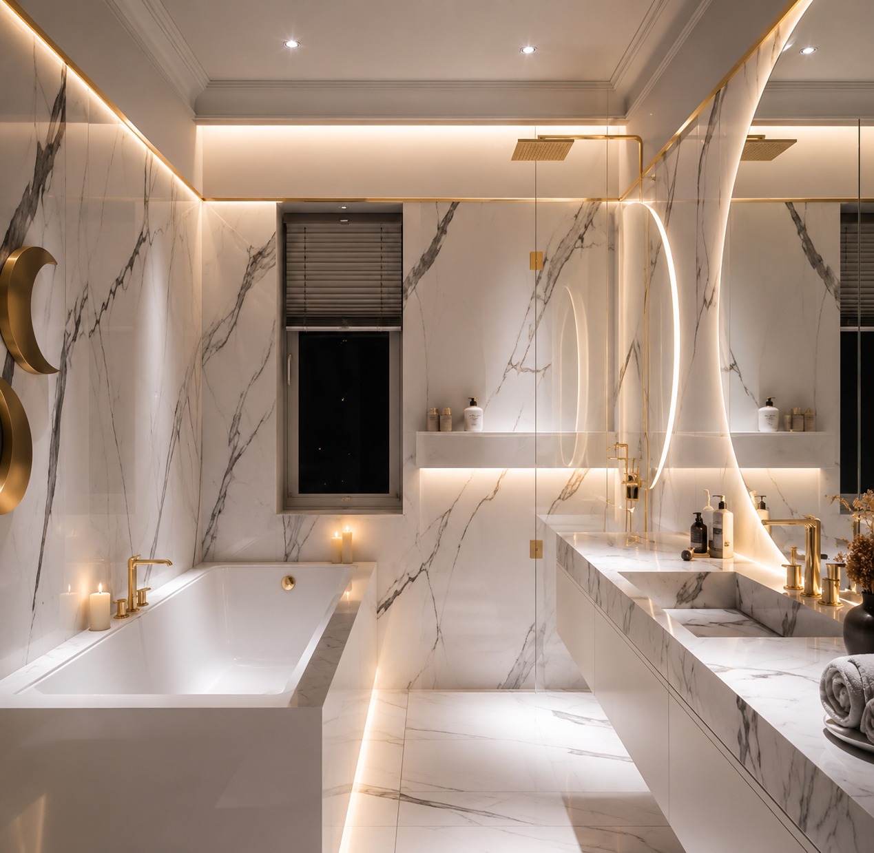 Spa-inspired marble bathroom with freestanding tub