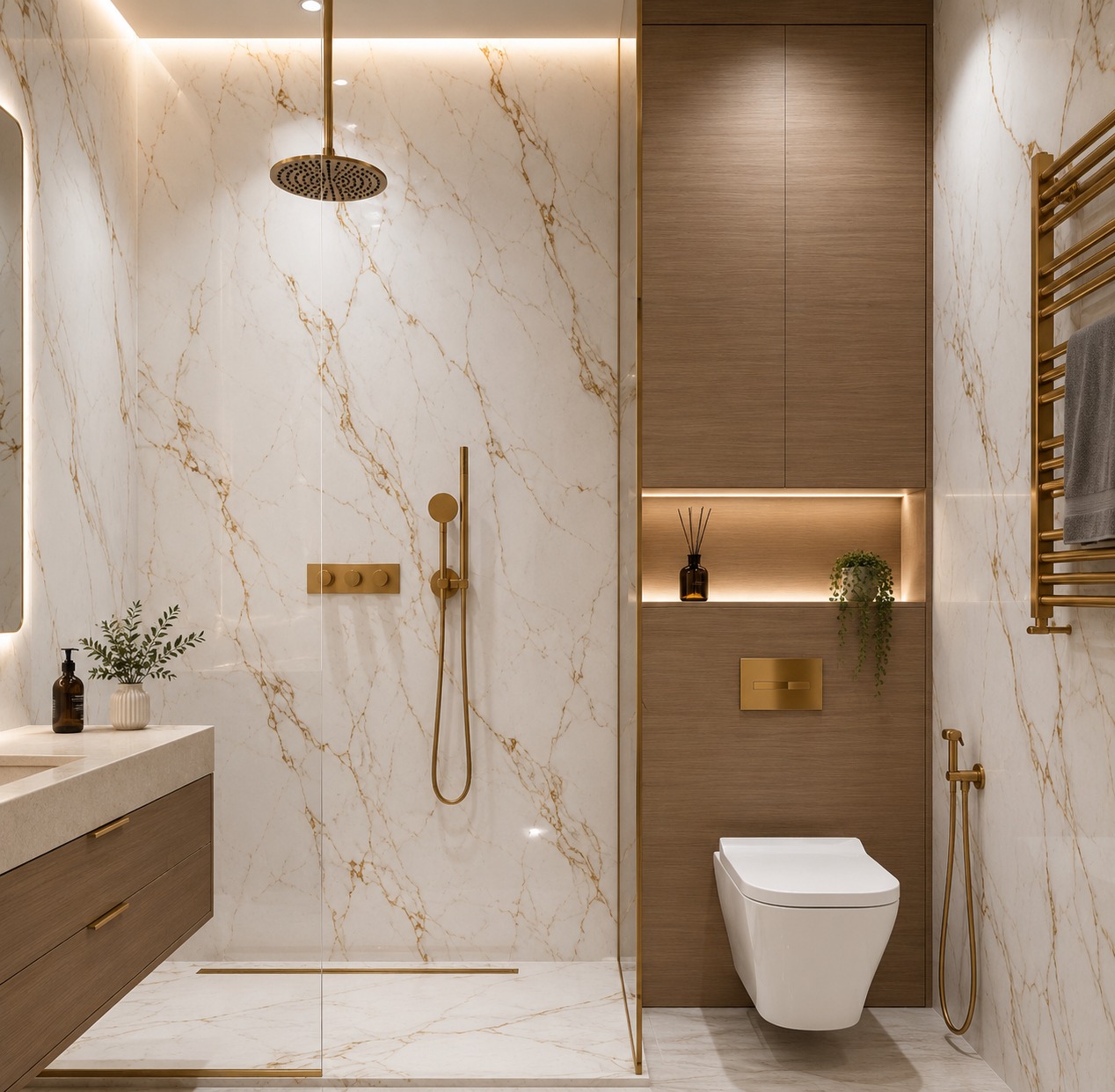 Marble and gold ensuite bathroom with glass shower