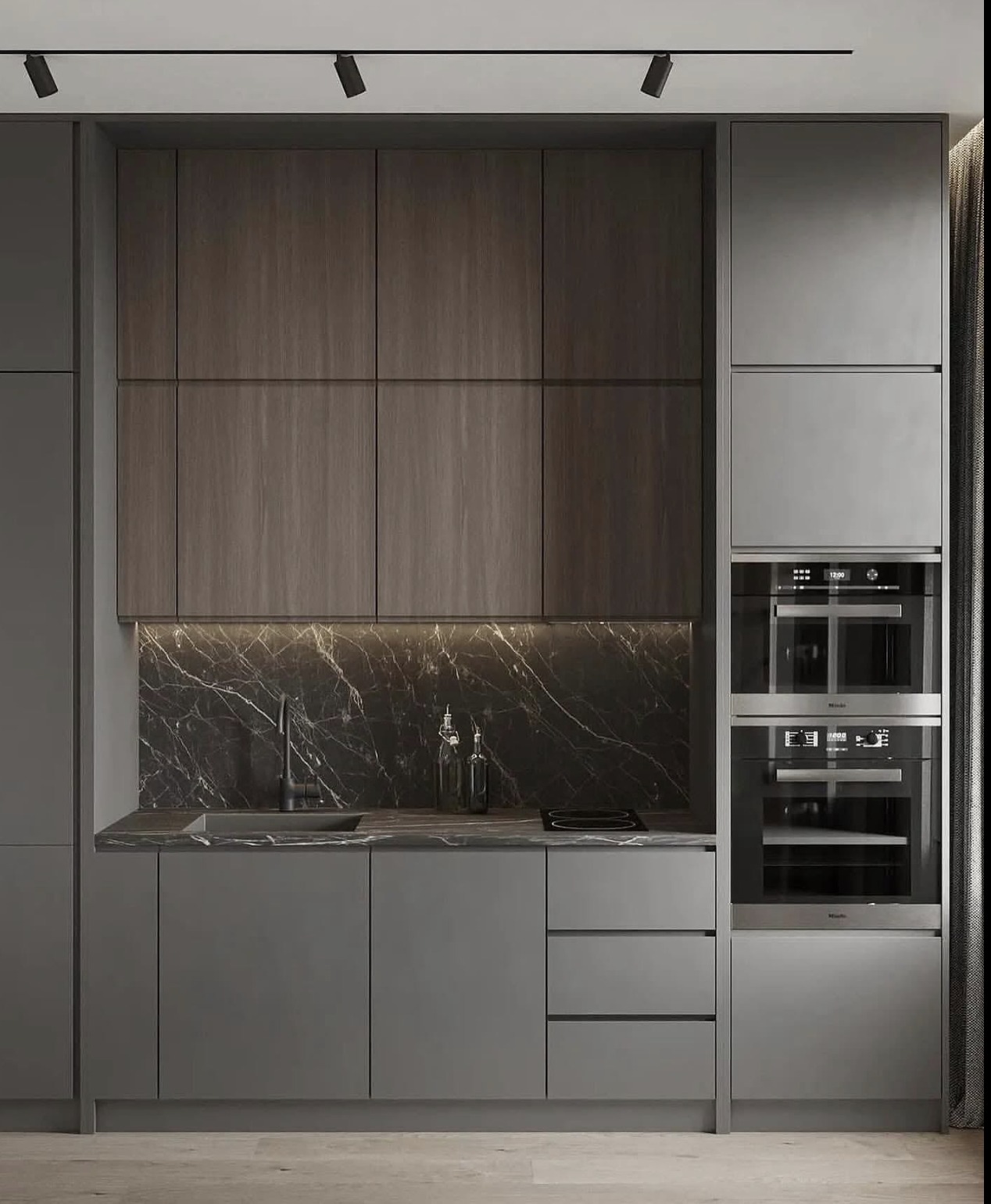 Dark wood kitchen with black marble backsplash and integrated appliances