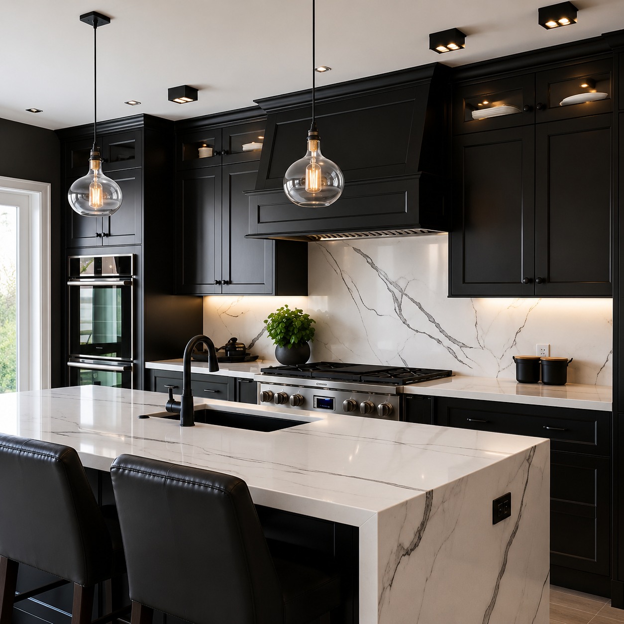 Matte black kitchen with marble waterfall island