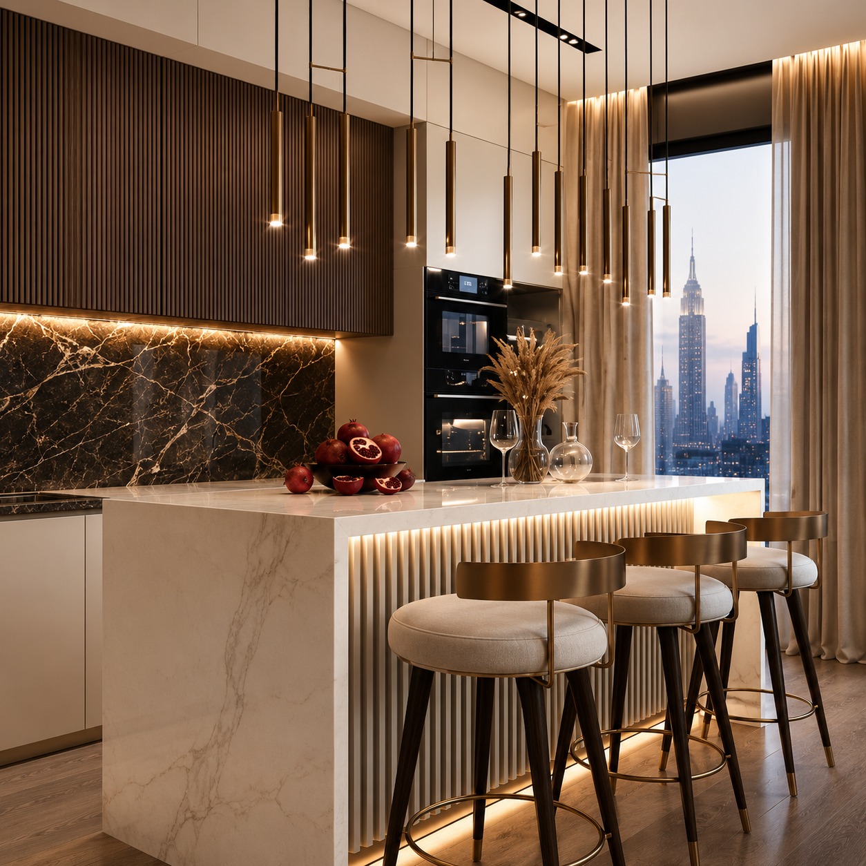 Luxury kitchen with gold pendant lighting and city skyline view