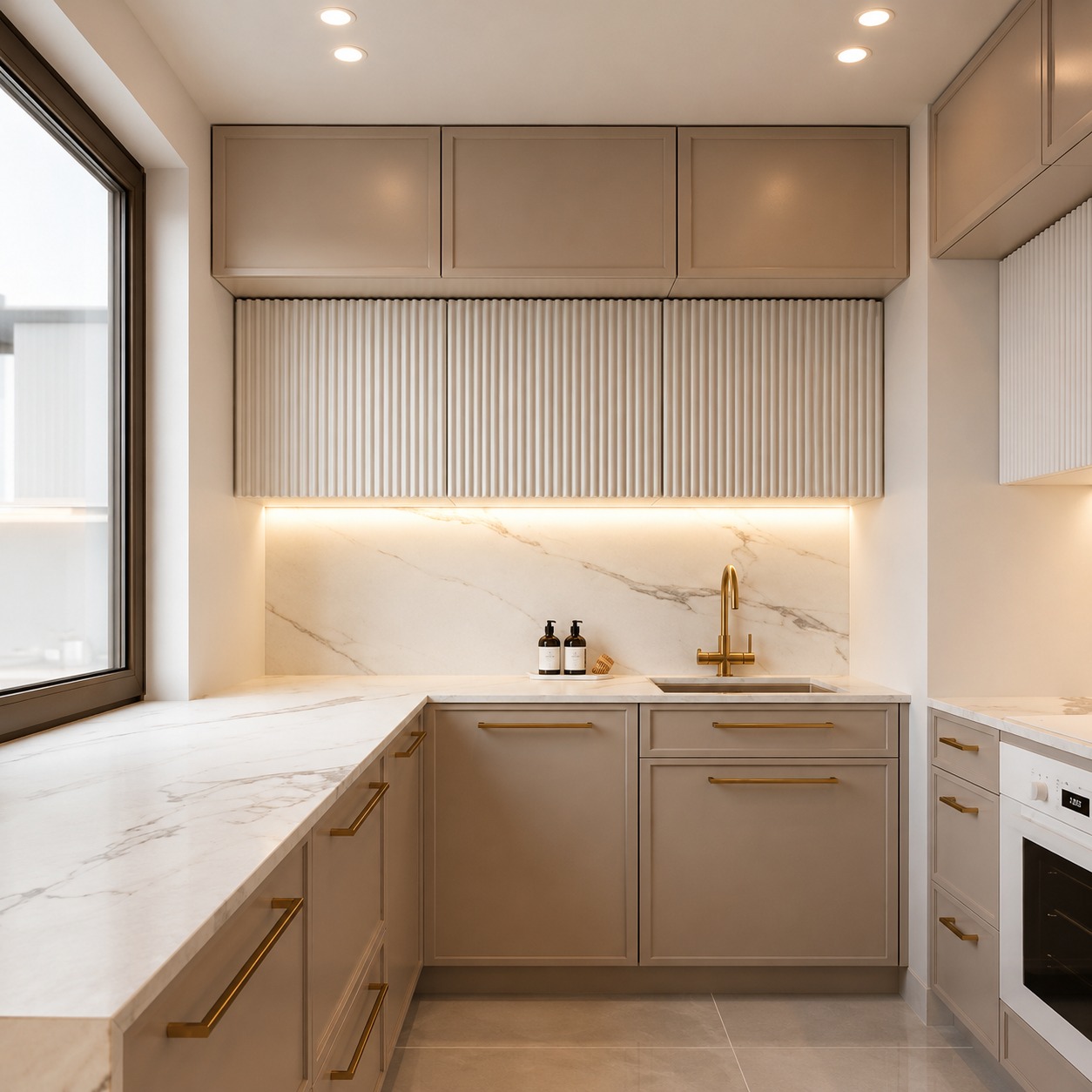 Soft taupe kitchen with marble backsplash and gold fixtures