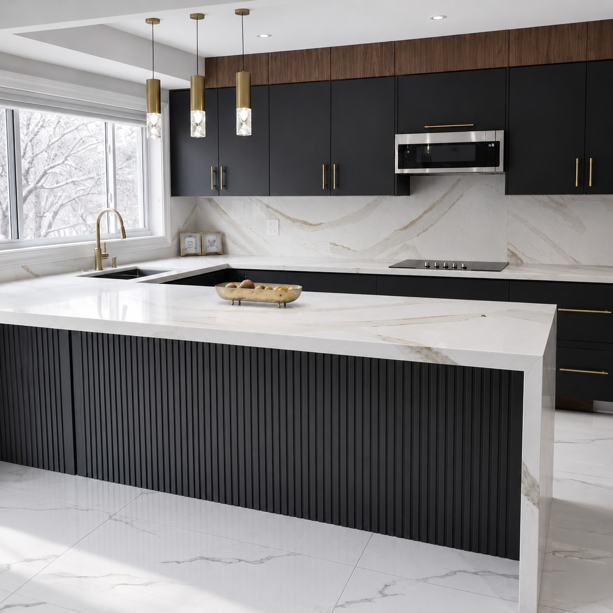 Black kitchen with fluted island and gold fixtures