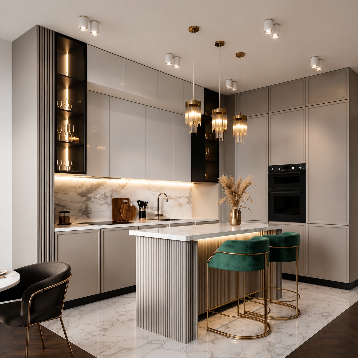 Contemporary two-tone kitchen with green accent stools
