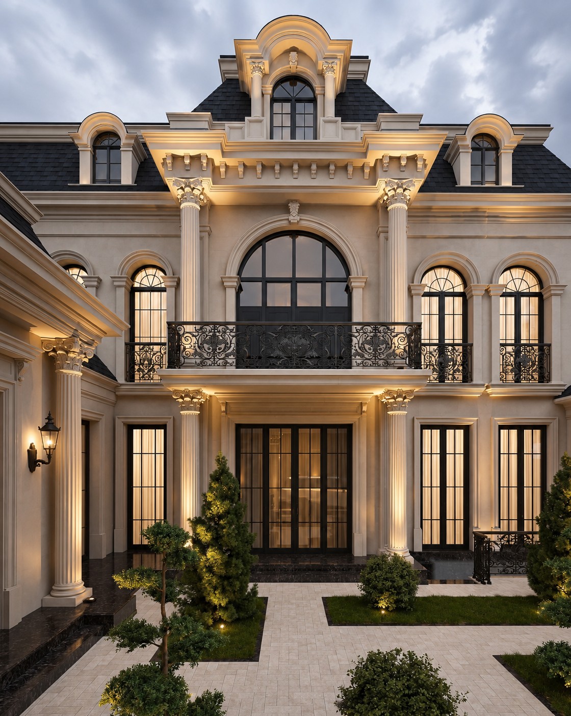 Luxury custom home exterior with columned entrance